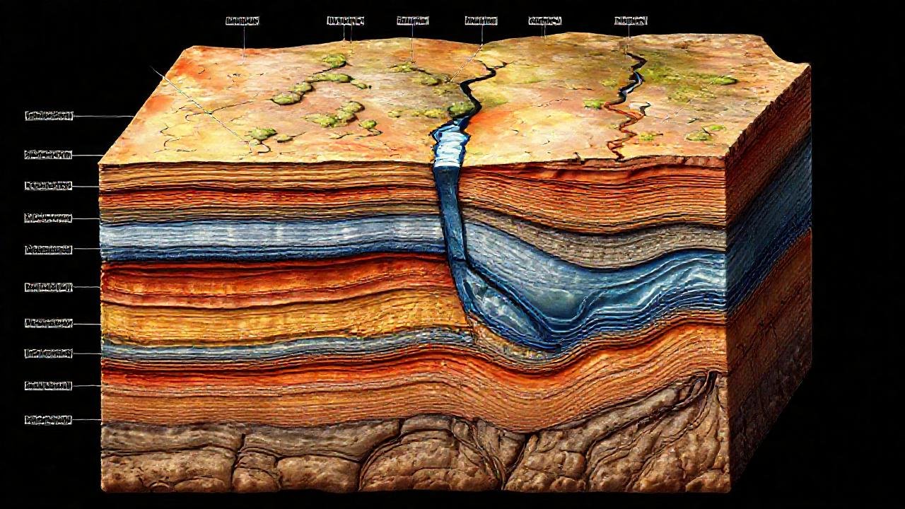 Sección geológica ilustra estructuras rocosas complejas