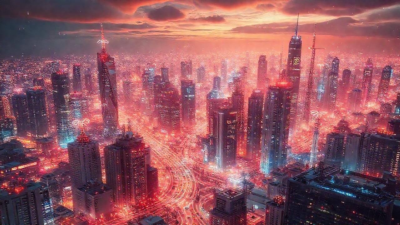 Ciudad futurista: tecnología interconectada y brillante