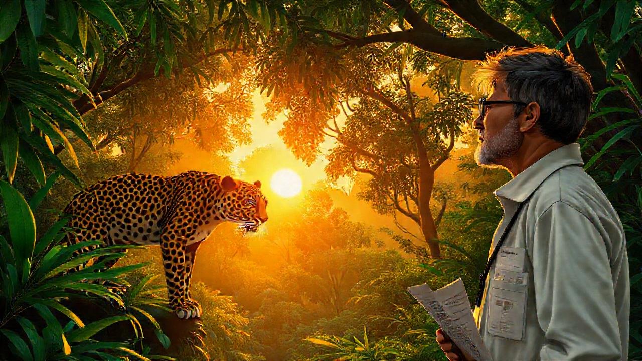 Científico observa un jaguar en la selva