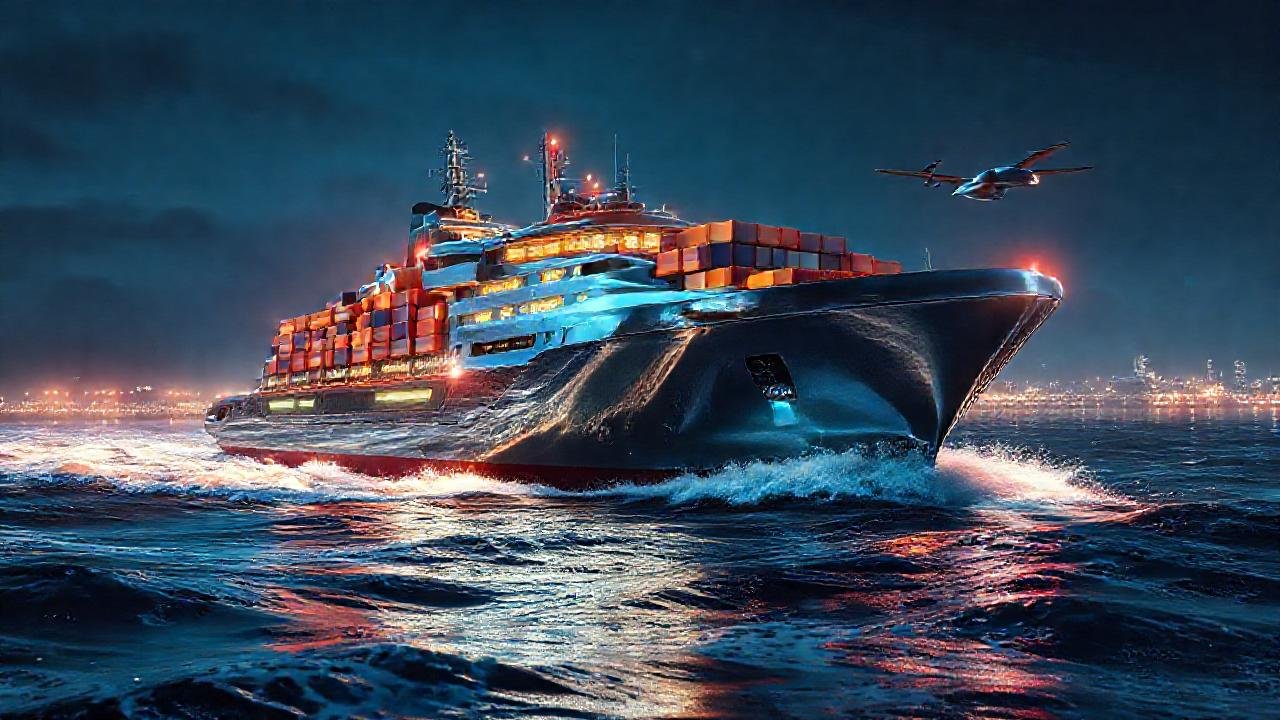 Barco futurista navega entre luces brillantes