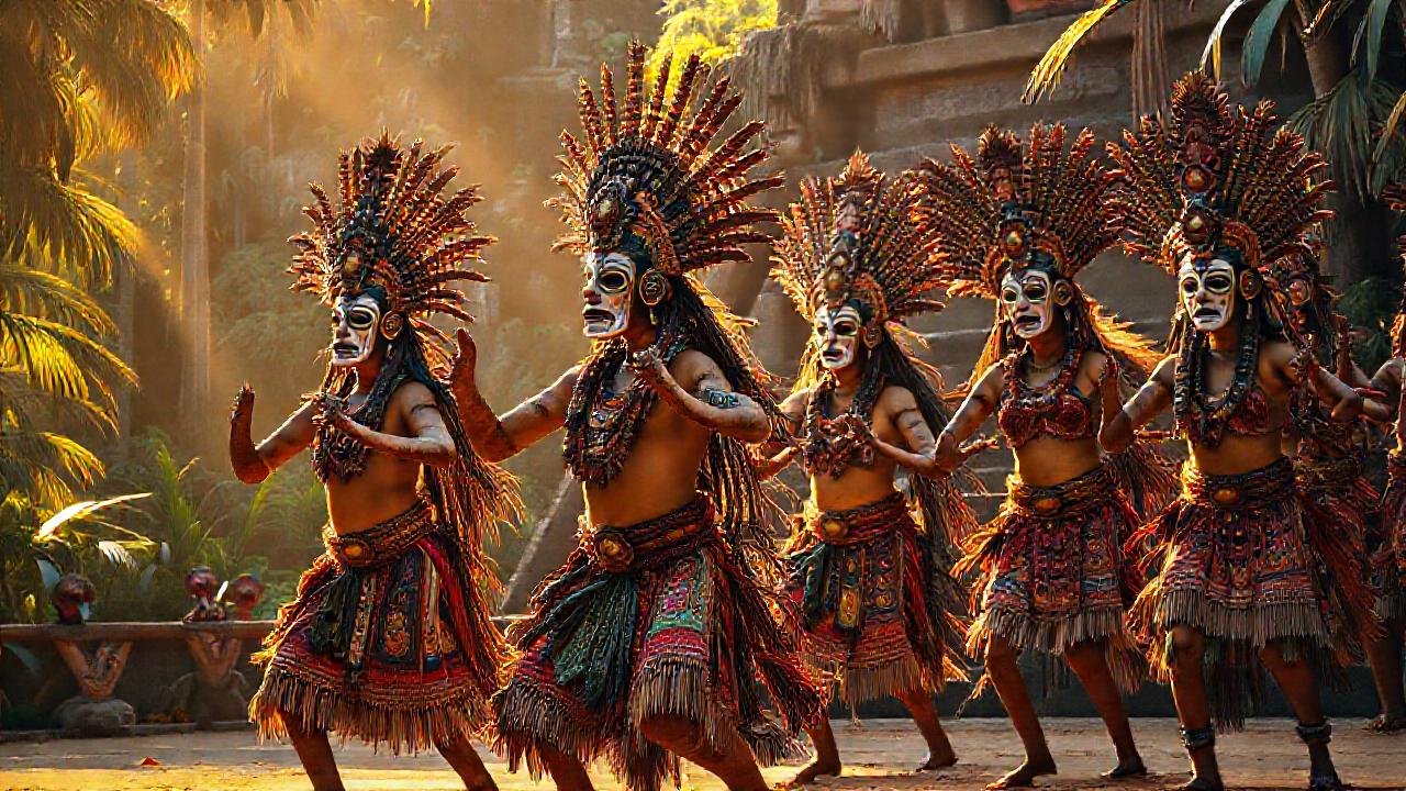 Mayas danzaban ritualmente bajo el sol dorado