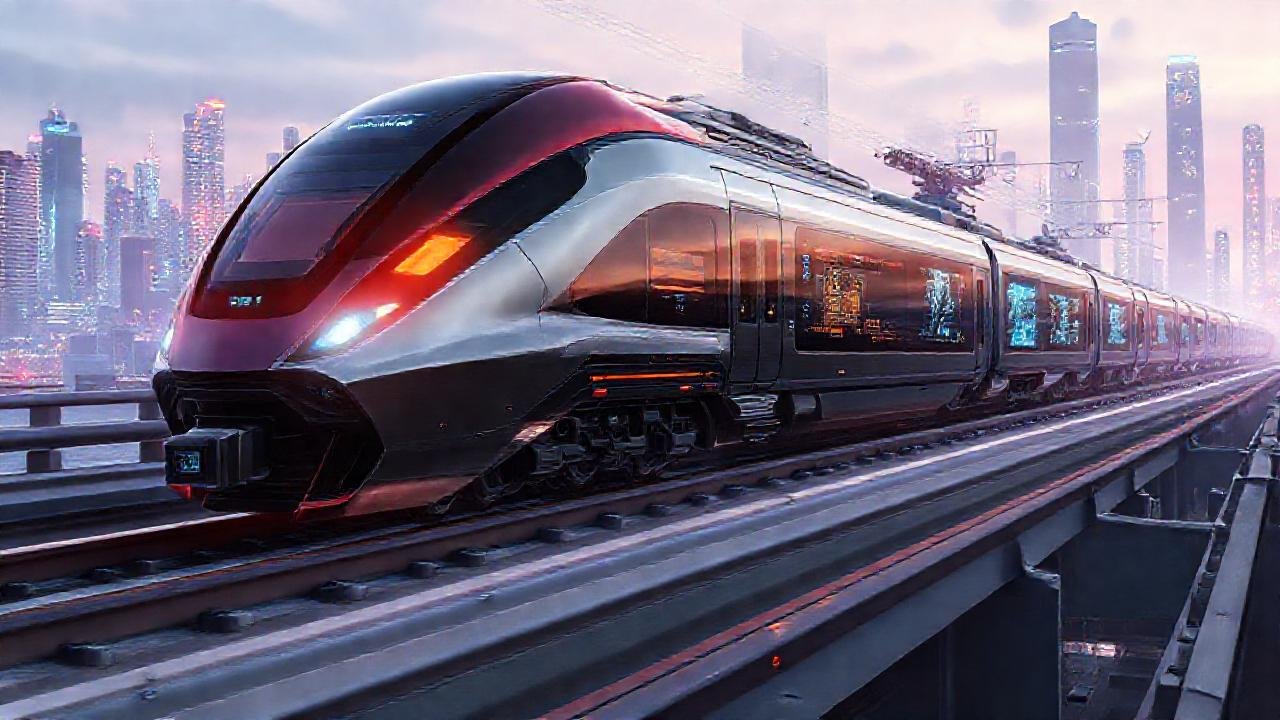 Tren futurista carga en la ciudad