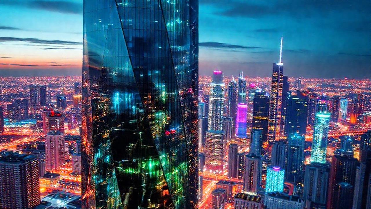 Rascacielos futuristas brillan en la ciudad