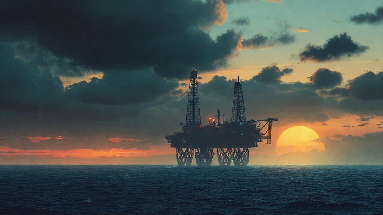 Plataformas petroleras contrastan con el atardecer