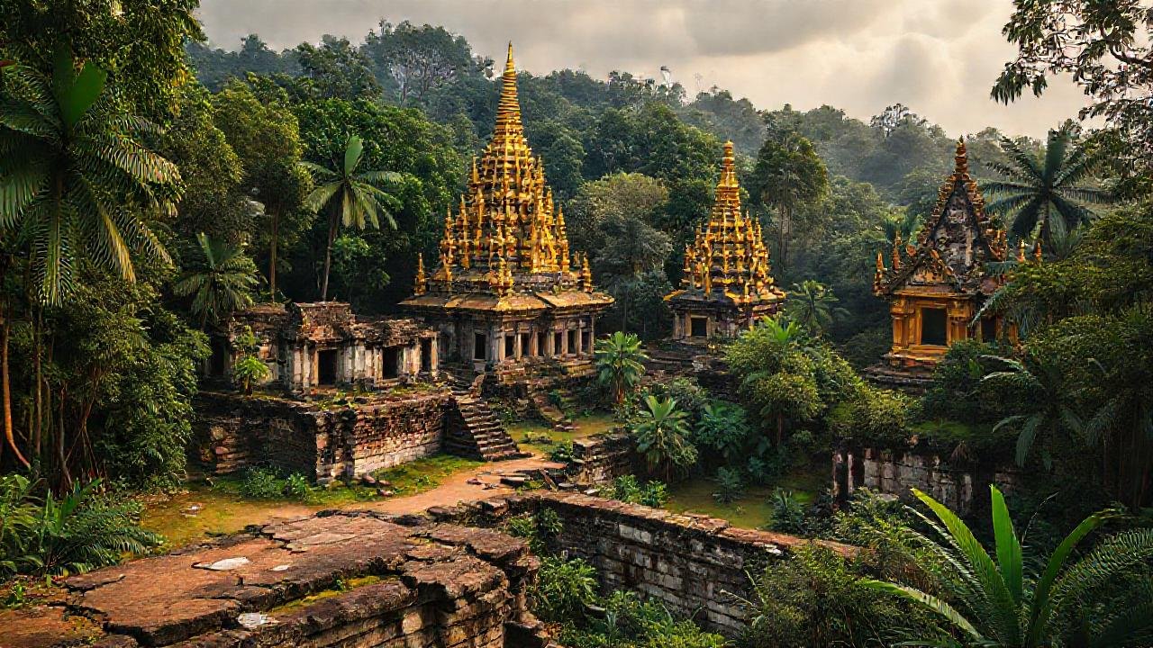 Ruinas champañas ancestrales brillan en la jungla