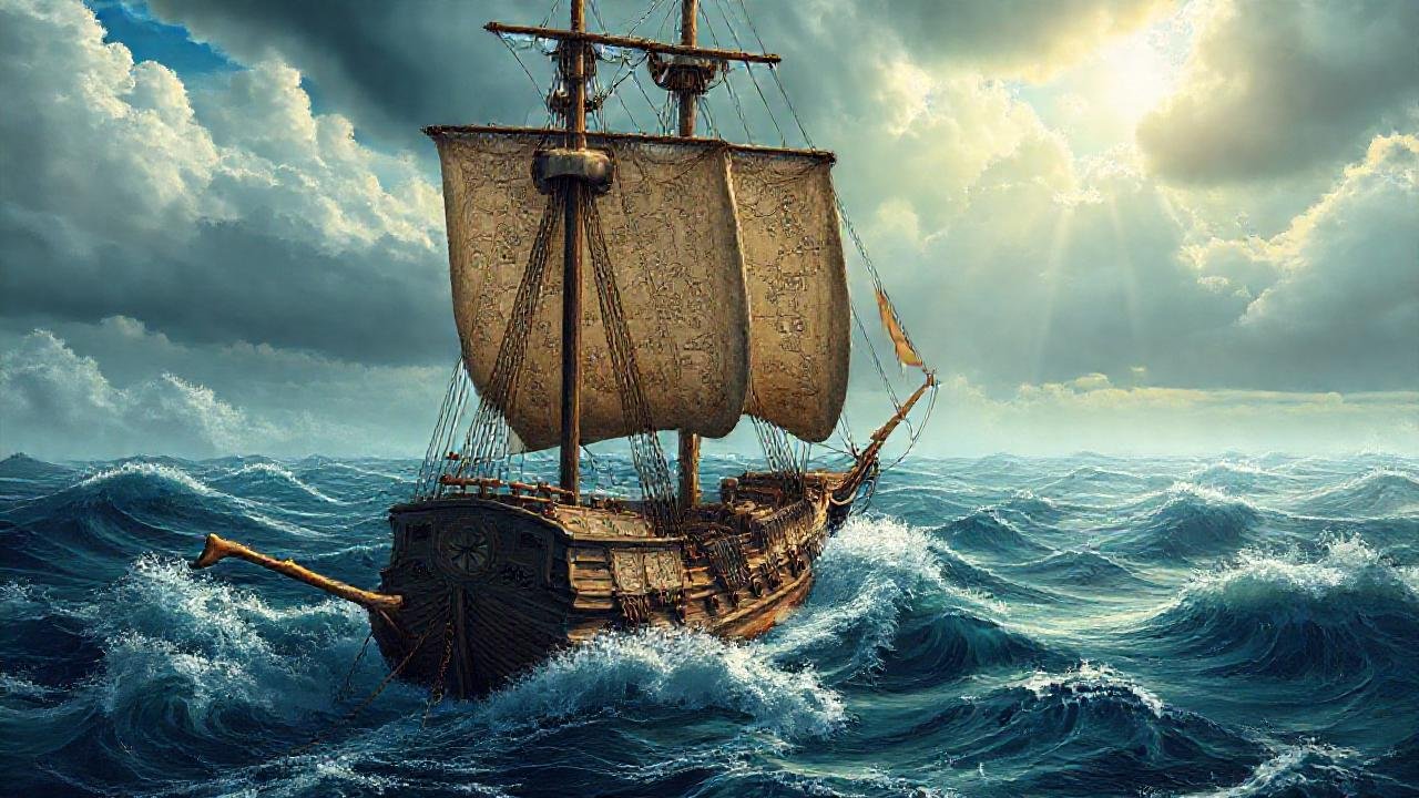 Barco antiguo en mar tormentoso ilustrado