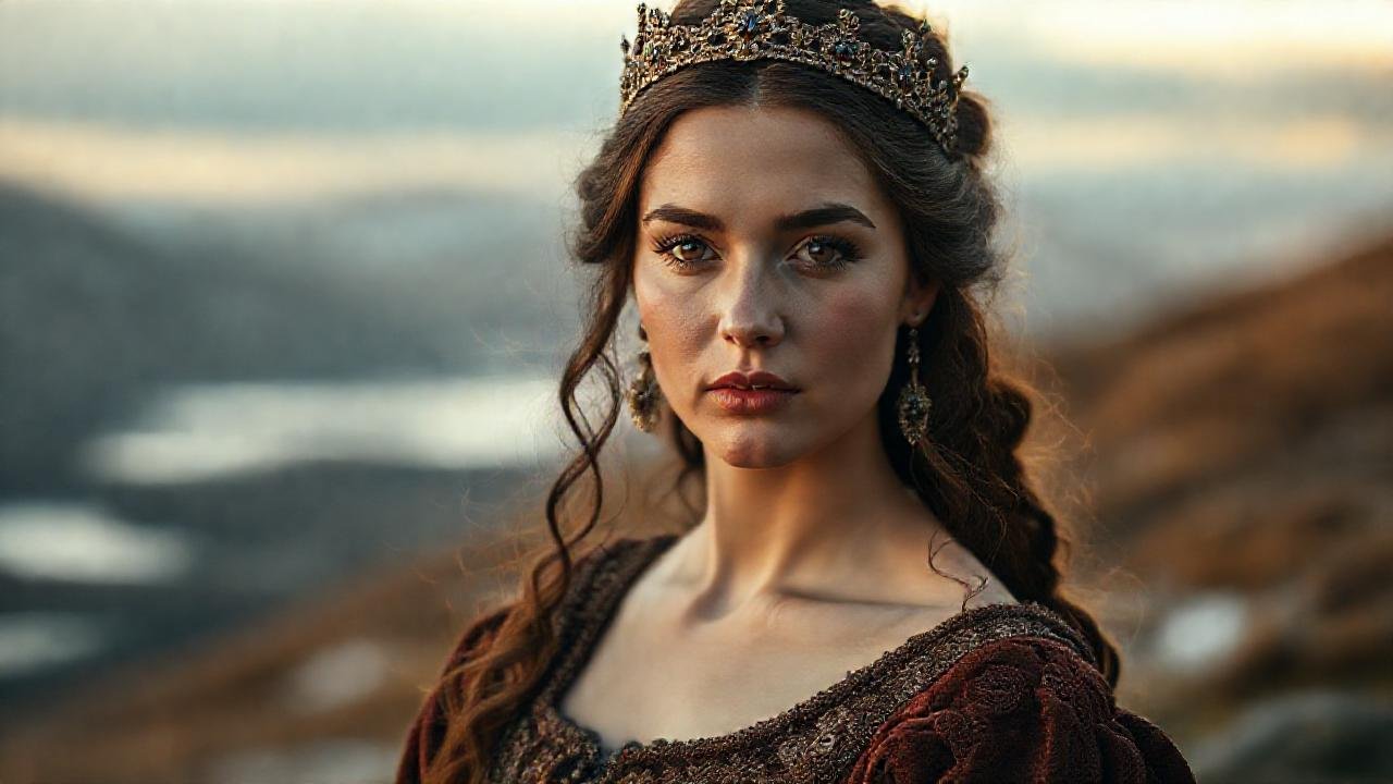 Mujer elegante en paisaje escandinavo