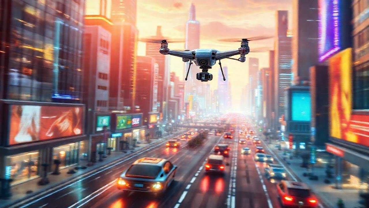 Ciudad futurista con movimiento vibrante