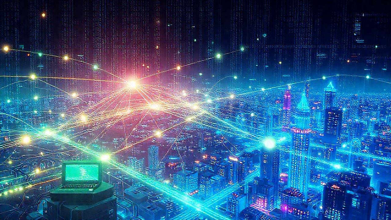 Redes futuristas brillan en código binario