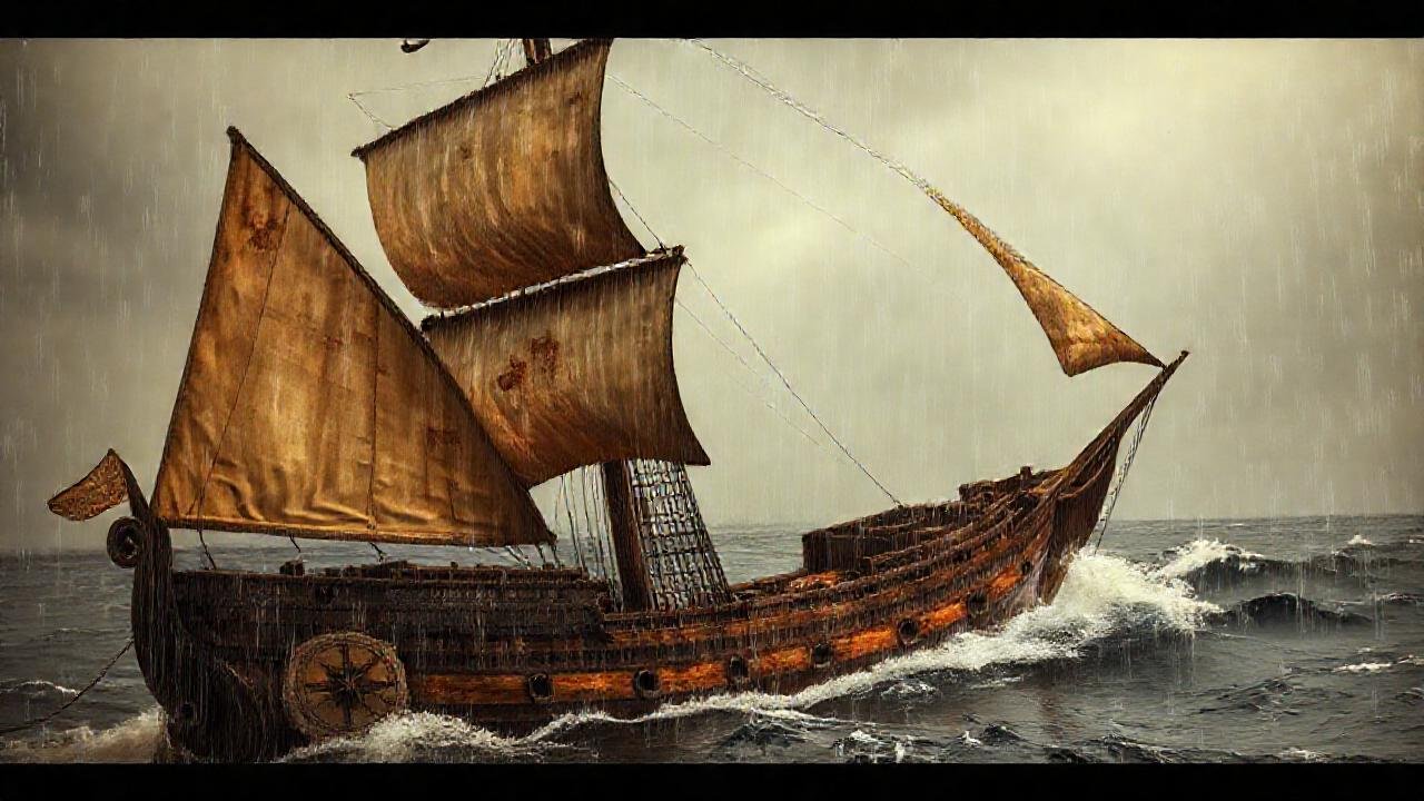 Explorador navega en un barco antiguo