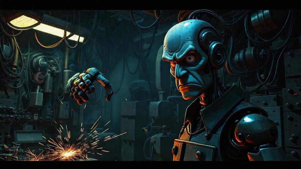 Brazo robótico en taller caótico y frustrante