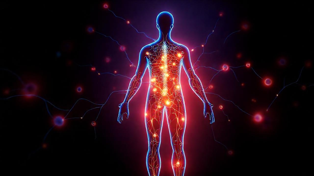 Cuerpo humano con redes bioeléctricas brillantes