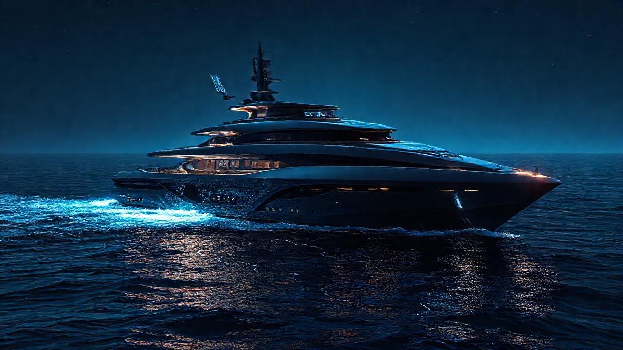 Un barco futurista navega un océano oscuro