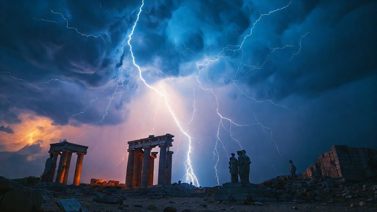 Tormenta eléctrica ilumina ruinas mitológicas épicas