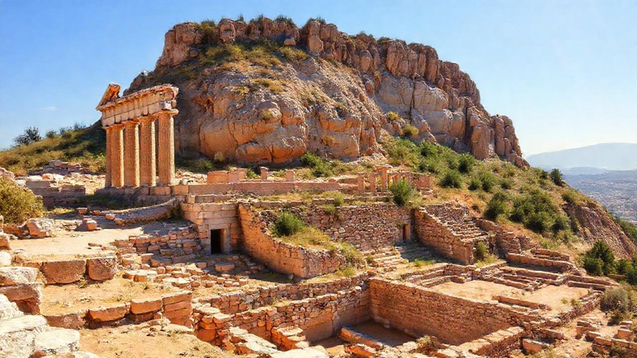 Ruinas griegas antiguas brillan en la cima