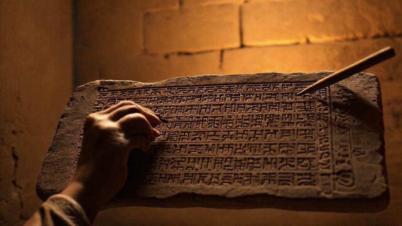 Scribe registra textos cuneiformes en tablón