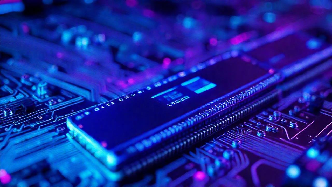 Placa de circuito futurista, azul y púrpura