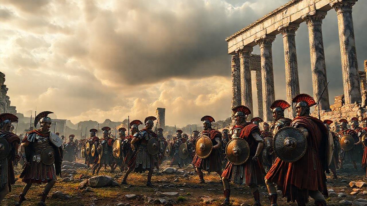 Legiones romanas luchan en ruinas antiguas