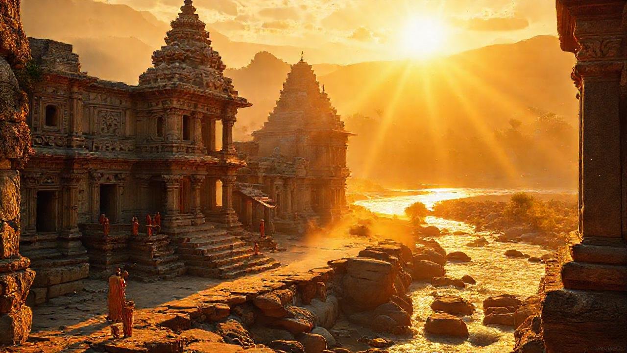 Ruinas antiguas brillan con paz dorada