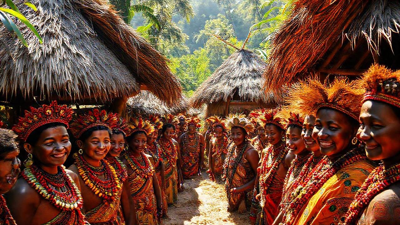 Pueblo indígena con tejidos vibrantes