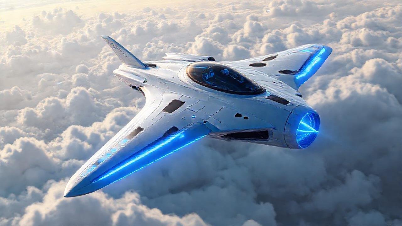 Avión futurista azul eléctrico en el cielo