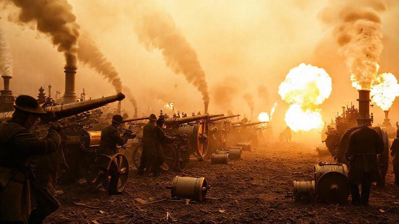 Un campo de batalla steampunk victoriano explosivo