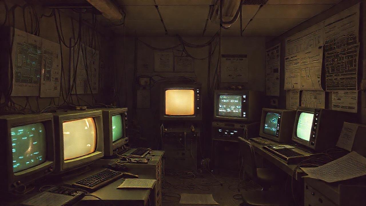 Un laboratorio antiguo, cables y pantallas