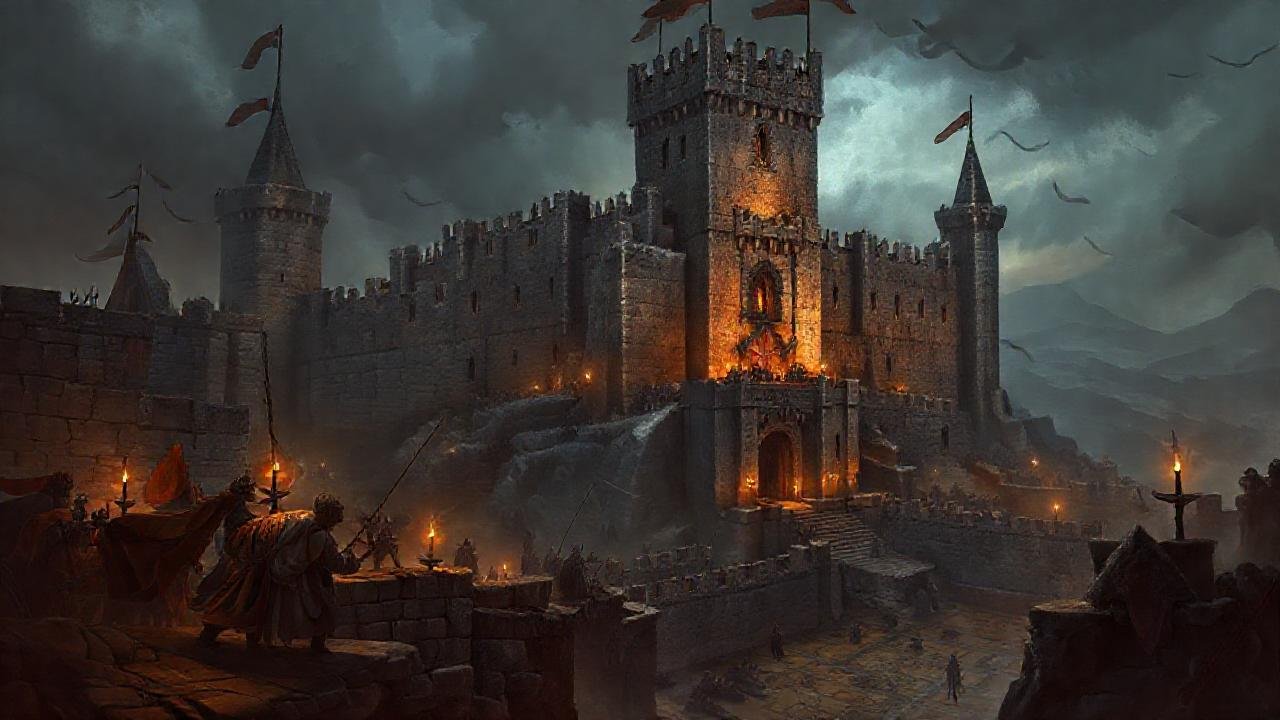 Castillo medieval ilustra una guerra sombría