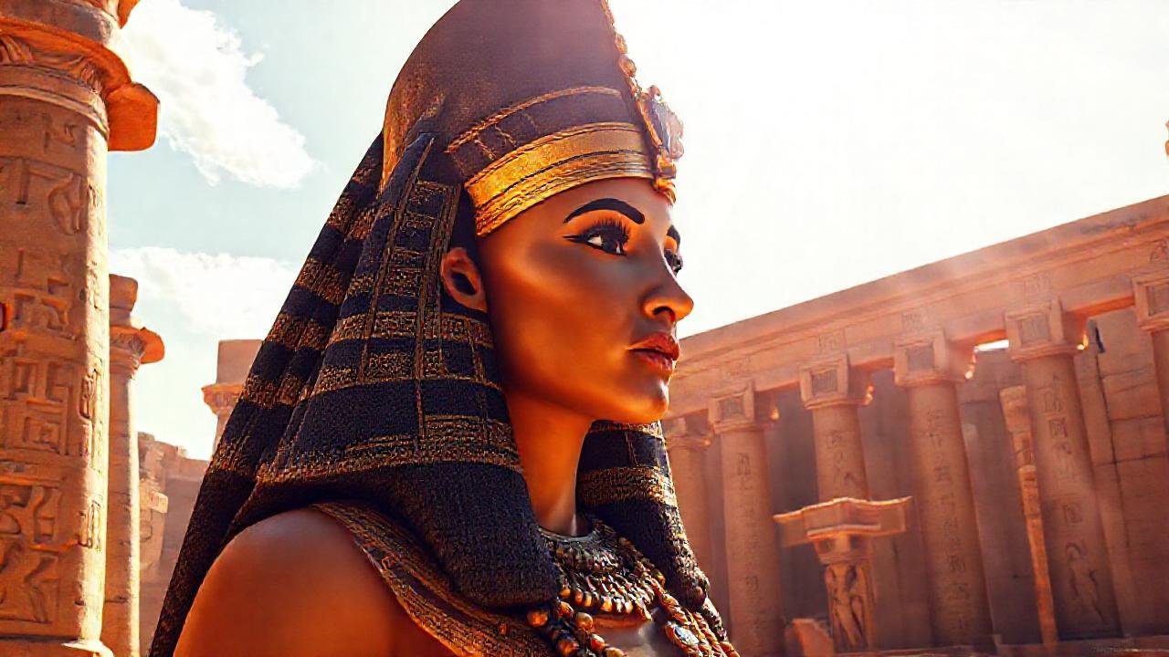 La reina egipcia reina sobre ruinas gloriosas