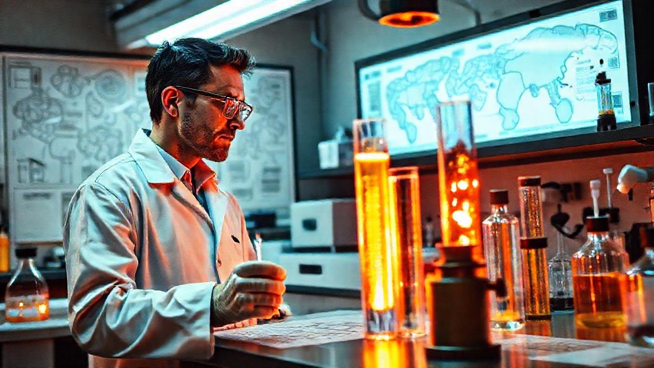 Científico observa experimentos luminosos y detallados