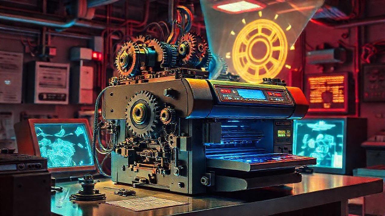 Laboratorio retro-futurista con proyección holográfica