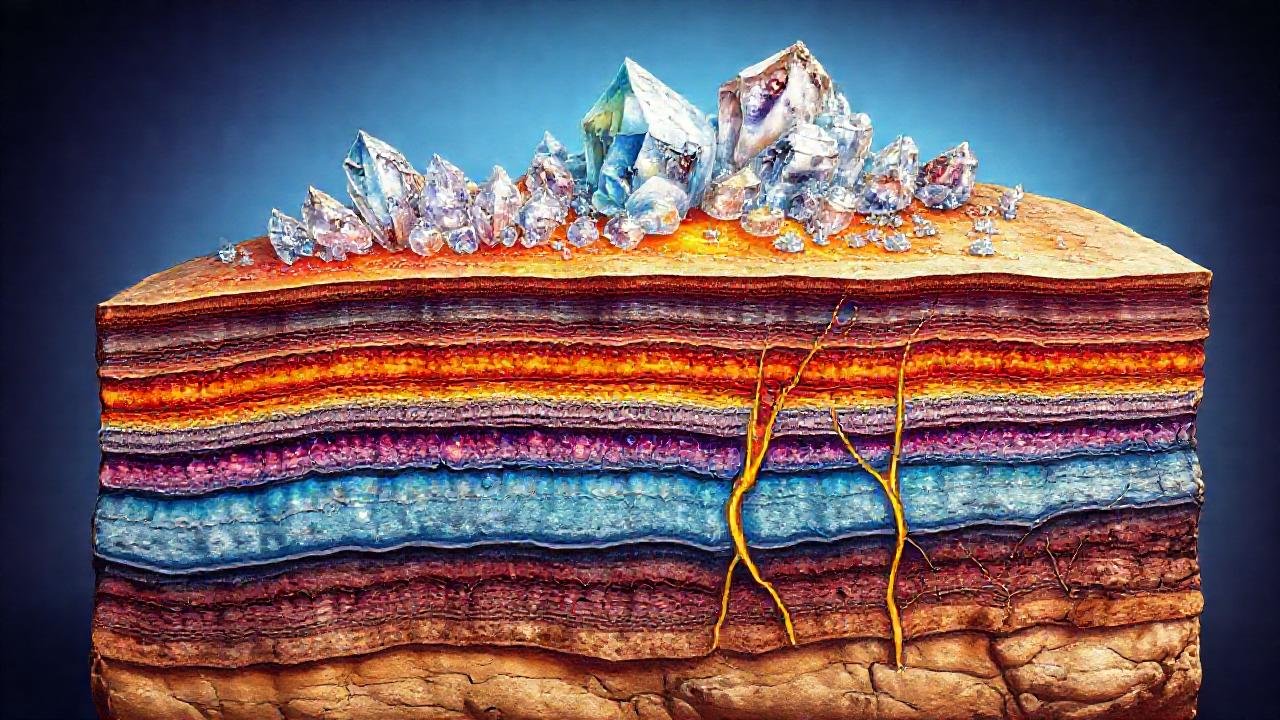 Un corte geológico ilustra minerales brillantes