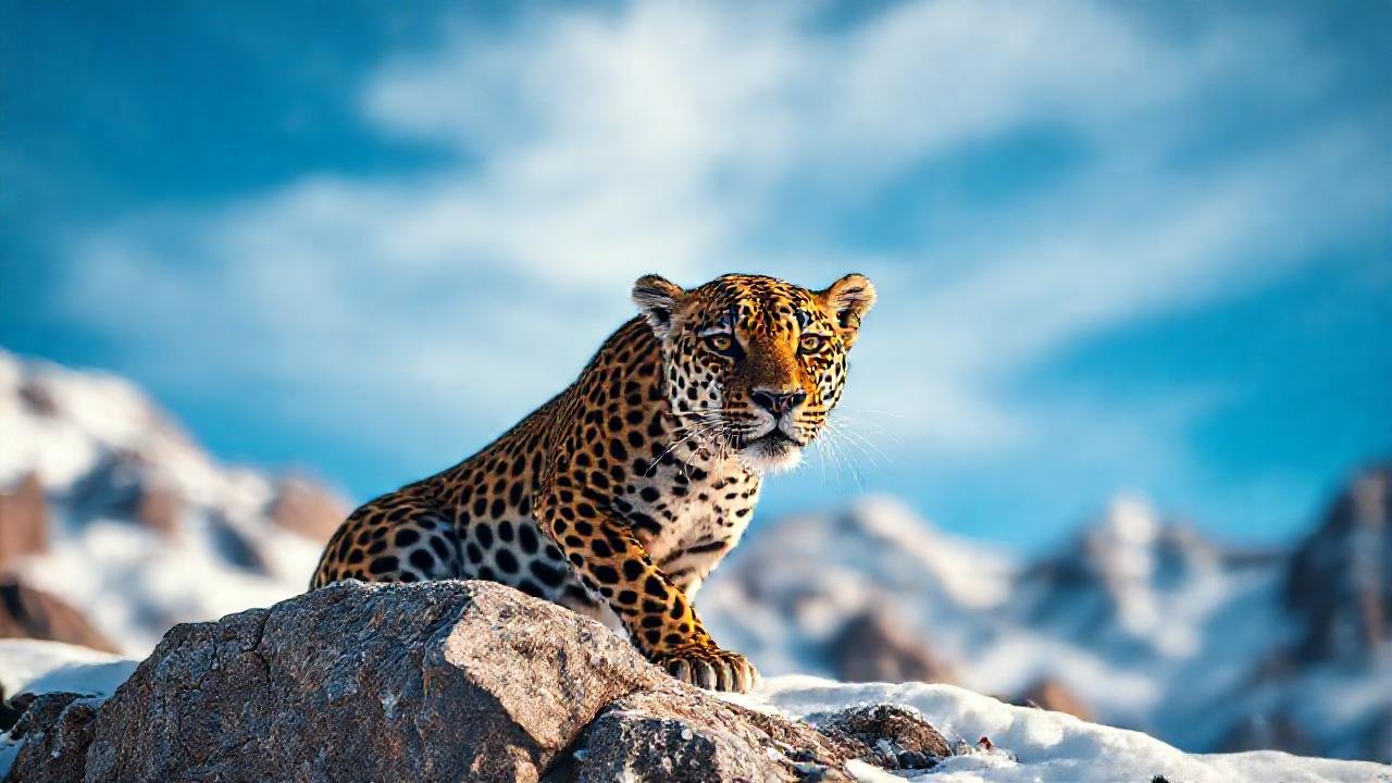 Jaguar ágil en nieve y cielo azul