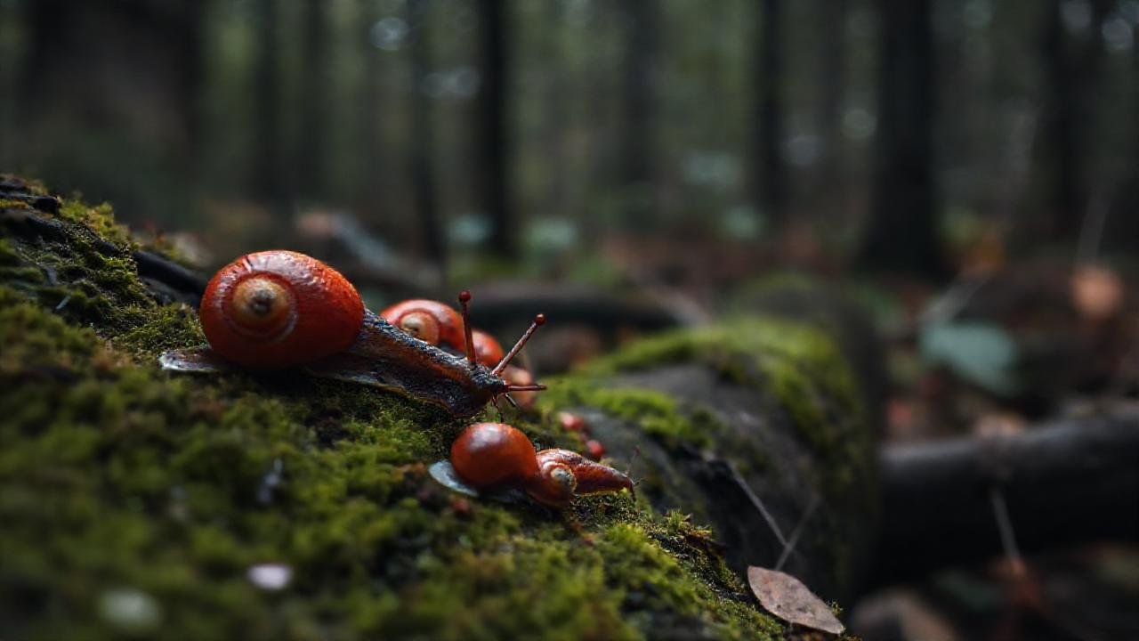 Bosque oscuro, caracoles rojos, atmósfera sombría