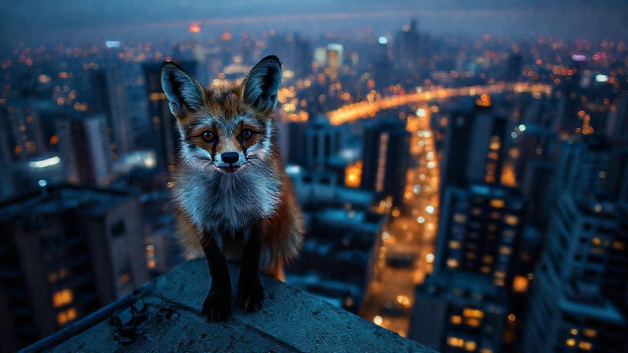 Zorro urbano observa la ciudad luminosa