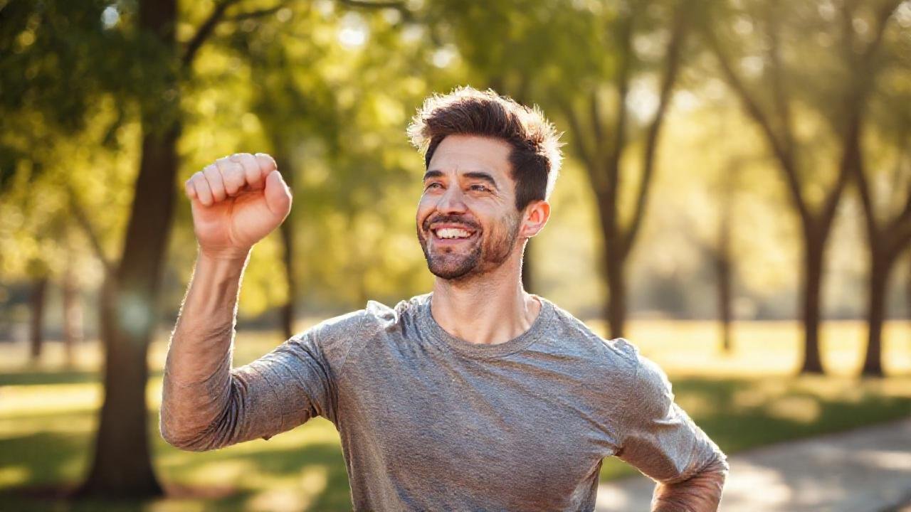 Un hombre sano se ejercita alegremente al sol