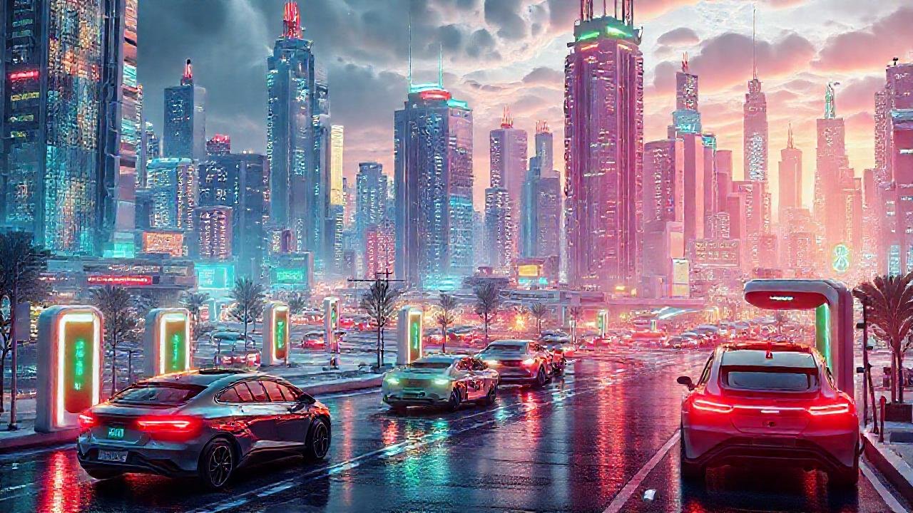 Ciudad futurista, transporte sostenible y brillante