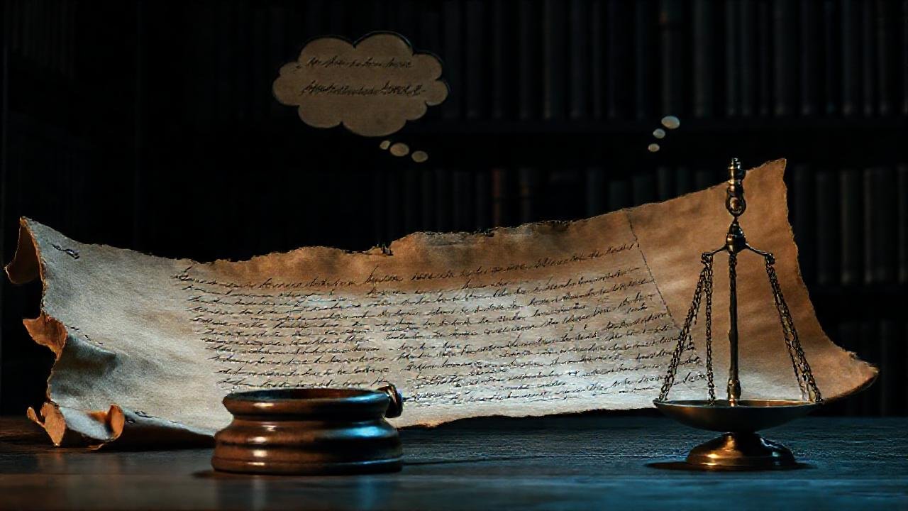 Reflexión legal en biblioteca sombría