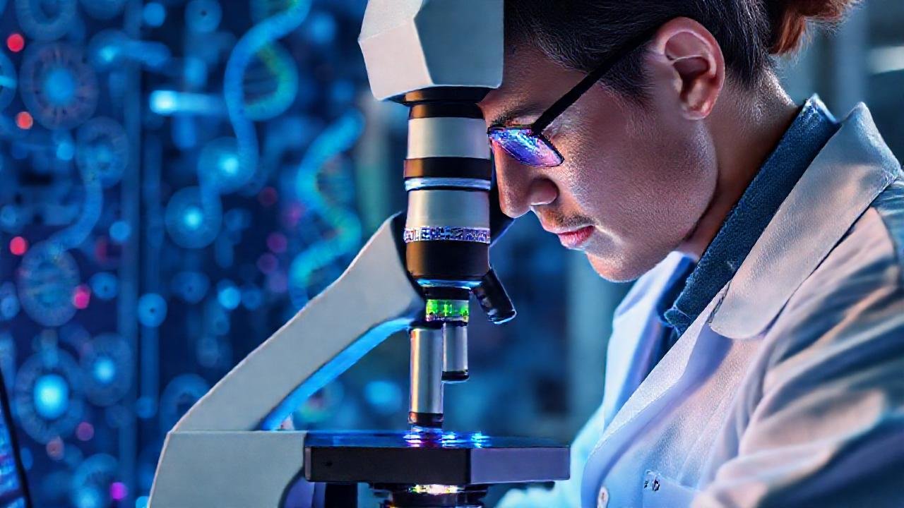 El científico estudia el ADN brillante