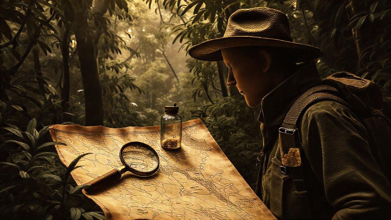 Explorador de selva y mapa antiguo